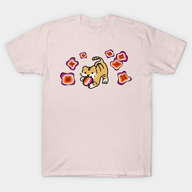 Tiger Pride Flag (Lesbian) with Cute Flower Drop (LGBTQ+ Pride Month) T-Shirt by Mochabonk